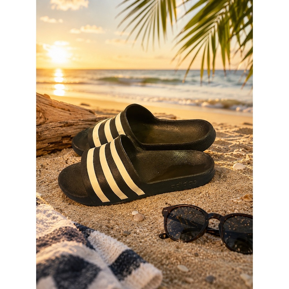 Adidas Adilette Shower Slides Kids Black White 3 Stripe Sandals Size 4 Big Kid